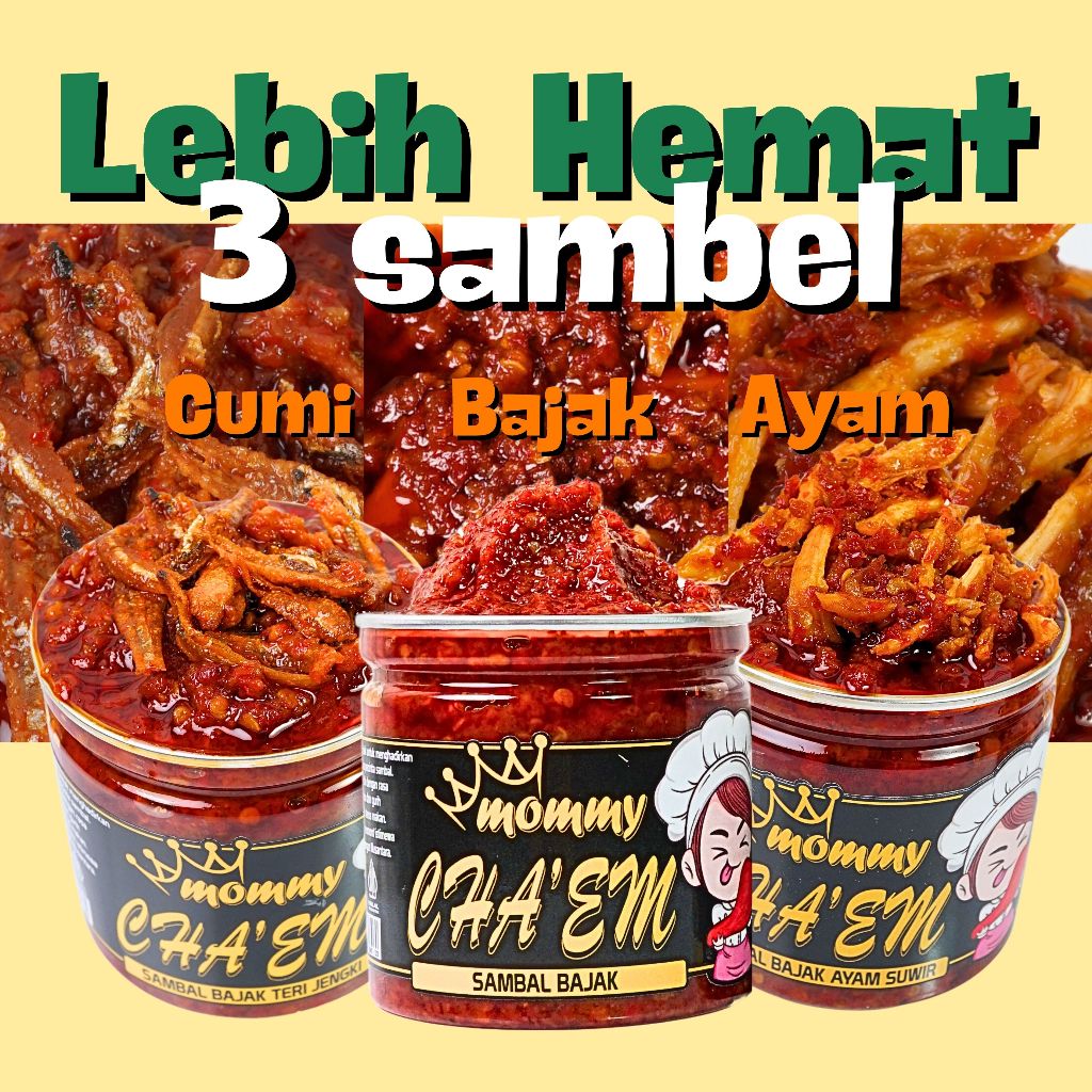 

Paket Hemat Bundling 3 Sambal Bajak Pete Jengkol Cumi Asin Ikan Teri Medan Kacang Jengki Ayam Suwir Sambal Bundling Cabe Cabai Merah Pedas Manis / Kemasan Berat 130 Gram / Sambal Mommy Cha'em