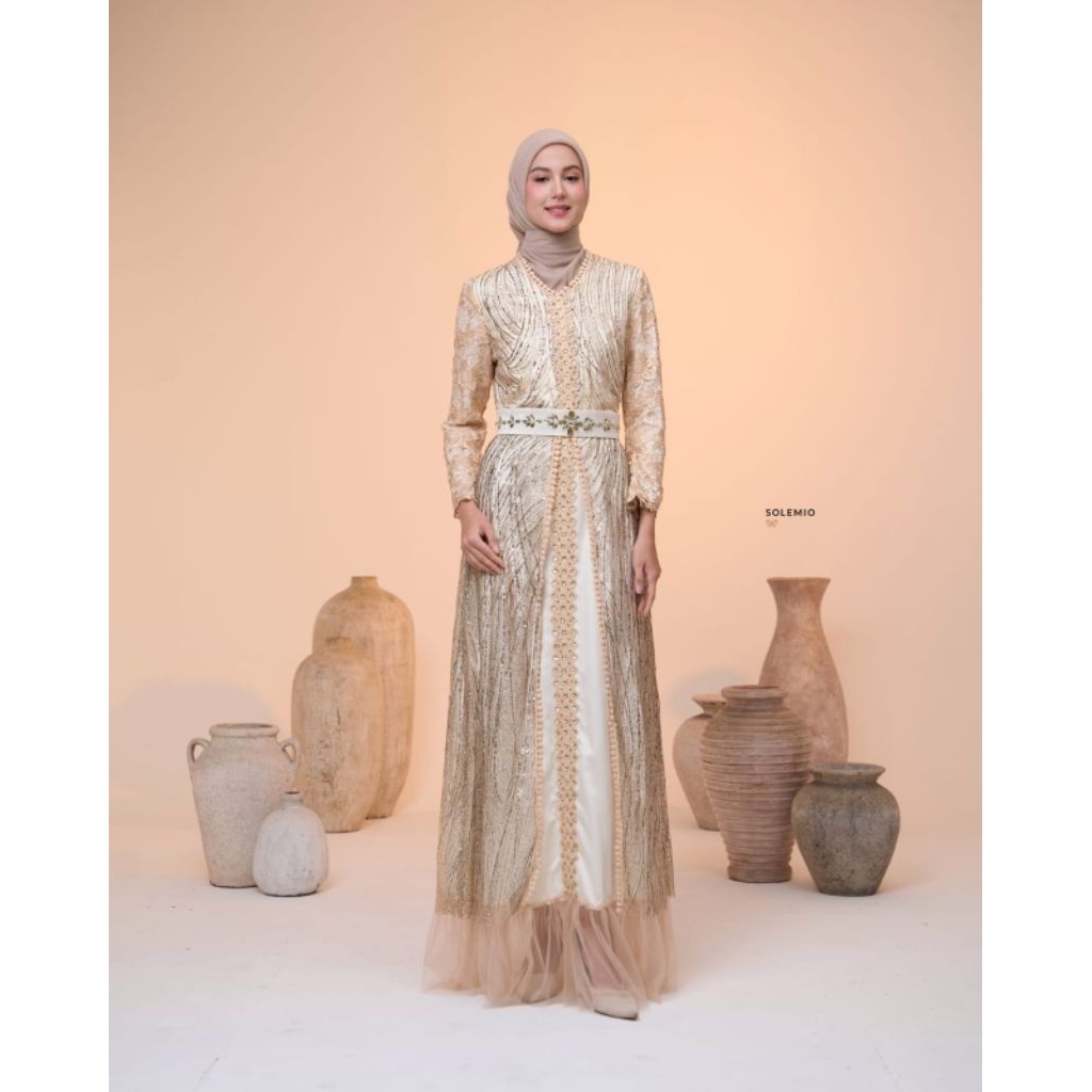 SOLEMIO MAXIDRESS/  TERUSAN / GAUN PANJANG / BAJU MUSLIM / GAMIS PESTA MEWAH GOLD / SILVER IMPORT