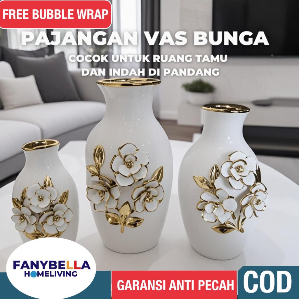 Vas Bunga Gold Emas Satu Set Putih Emas Motif Bunga Dekorasi rumah Import
