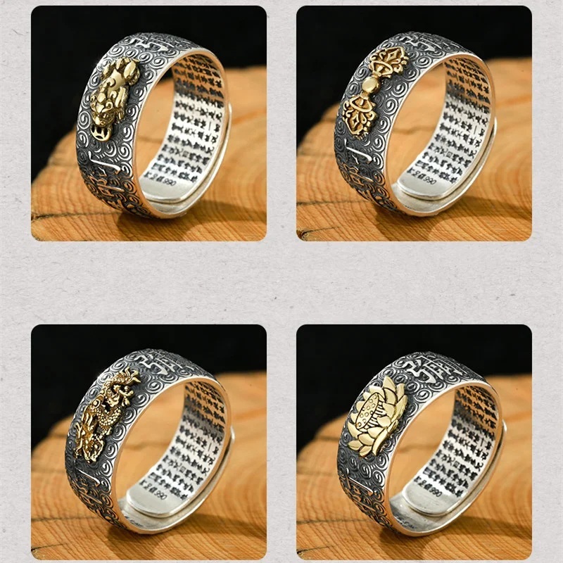 Cincin Mantra Katak Naga Vajra Pita Teratai Gold / Cincin Tulisan Cina Motif Naga Pixiu Lotus Classi