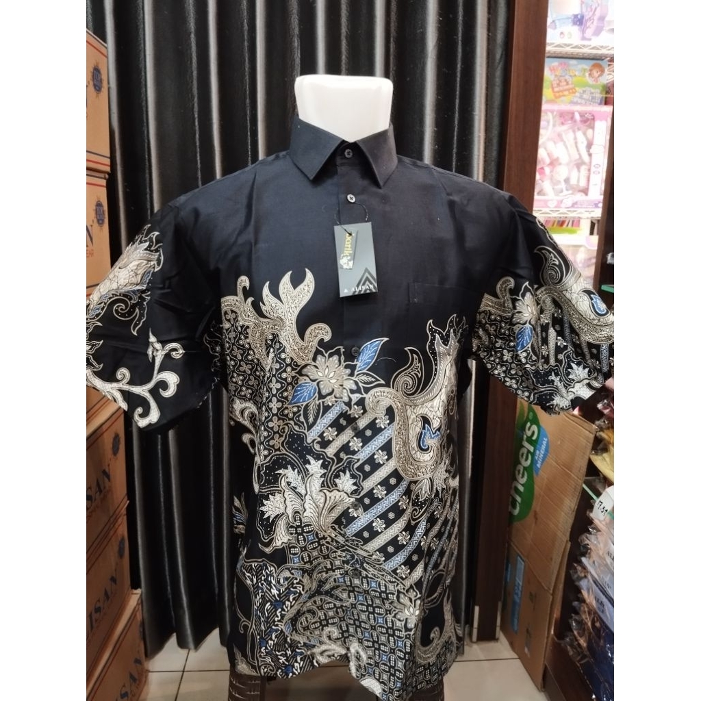 Alisan Kemeja Batik Pria Jaring Burung Cream Size 16,5 (2XL), 17 (3XL), 17,5 (4XL) Lengan Pendek Reg