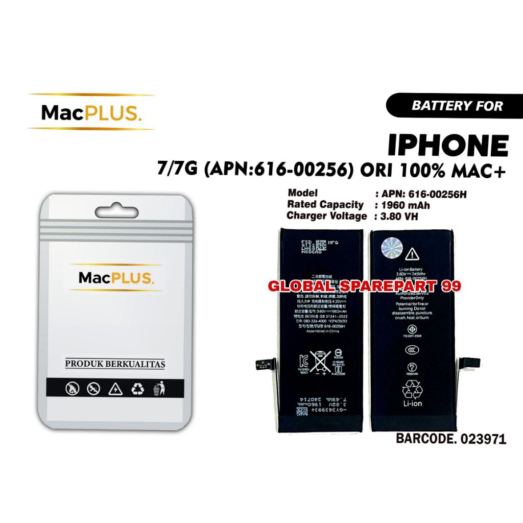 BATERAI (APN:616-00256) IPHONE 7 / IPHONE 7G / IP 7 / IP 7G  ORI 100% MAC+ BATERAI BATTERY BATRE