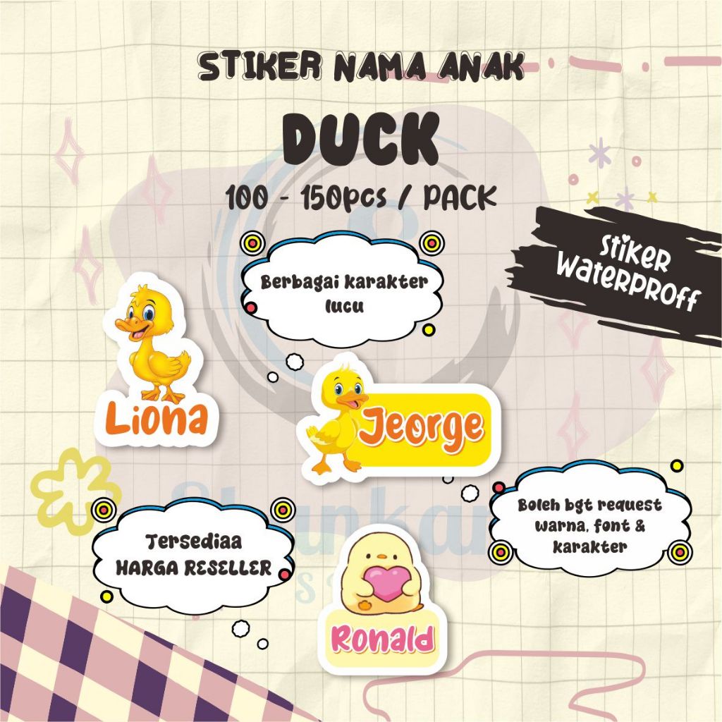 

( 100-150pcs) Stiker Nama TEMA DUCK / Stiker Tumbler / Stiker Barang / Stiker Hologram