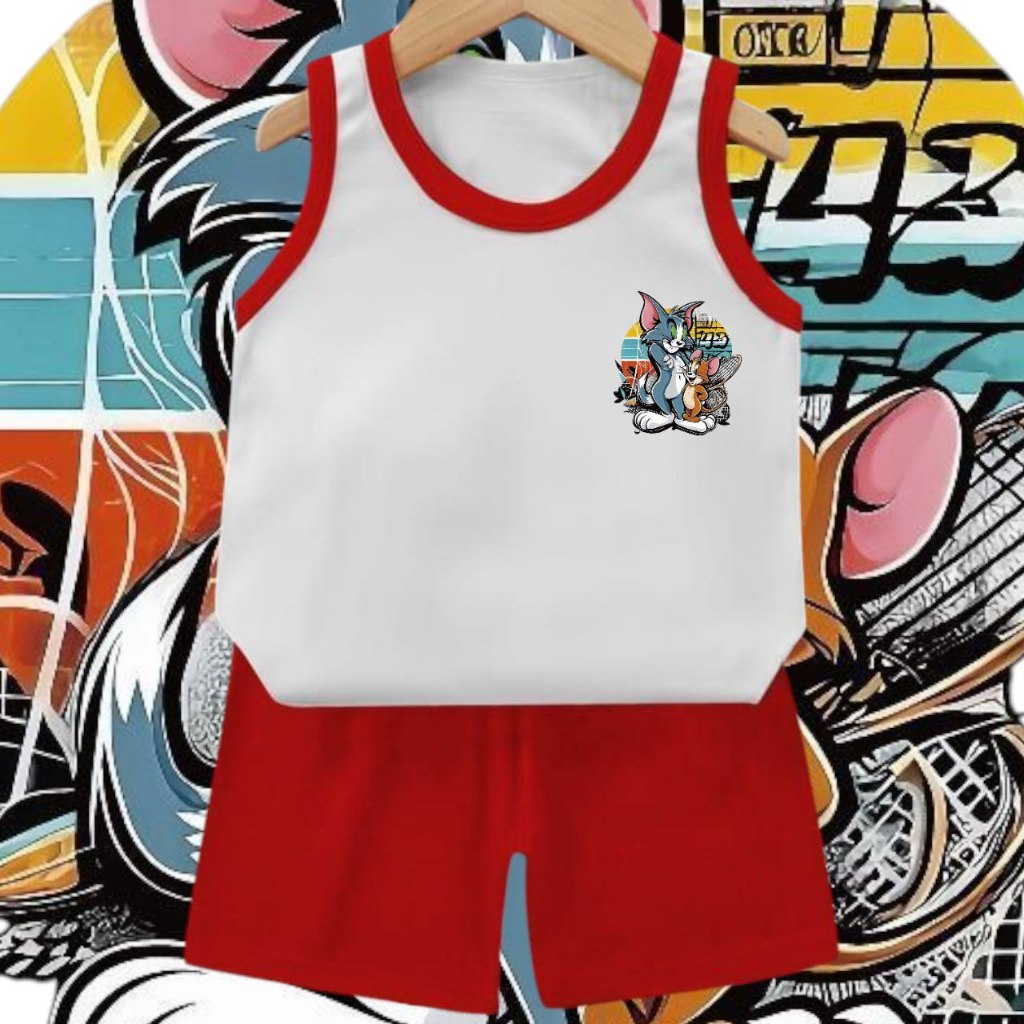 SETELAN BAJU KETEKAN / BAJU OBLONG ANAK UNISEX MOTIF RAKET JERRY TOM FREE ONGKIR