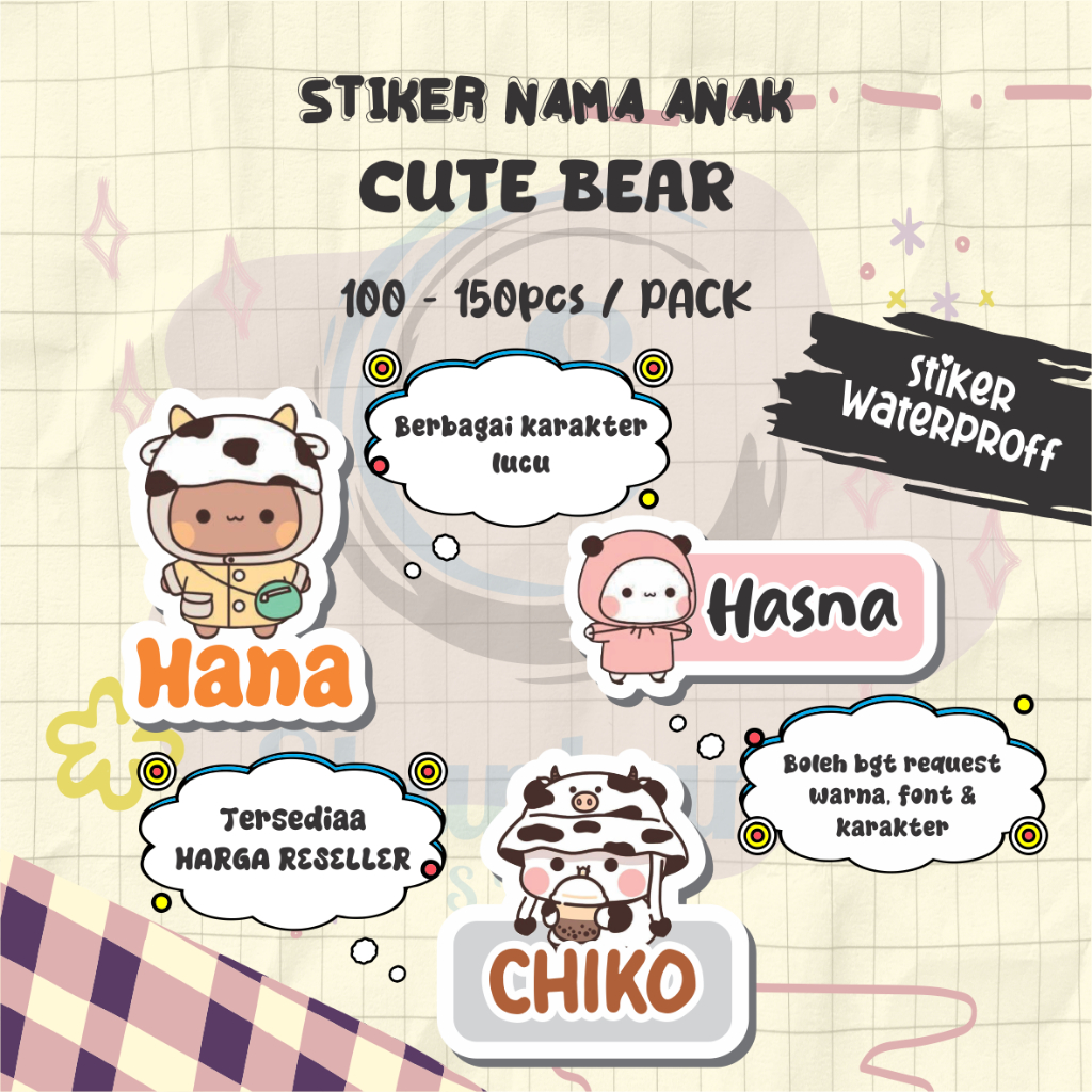 

( 100-150pcs) Stiker Nama TEMA CUTE BEAR / Stiker Tumbler / Stiker Barang / Stiker Hologram