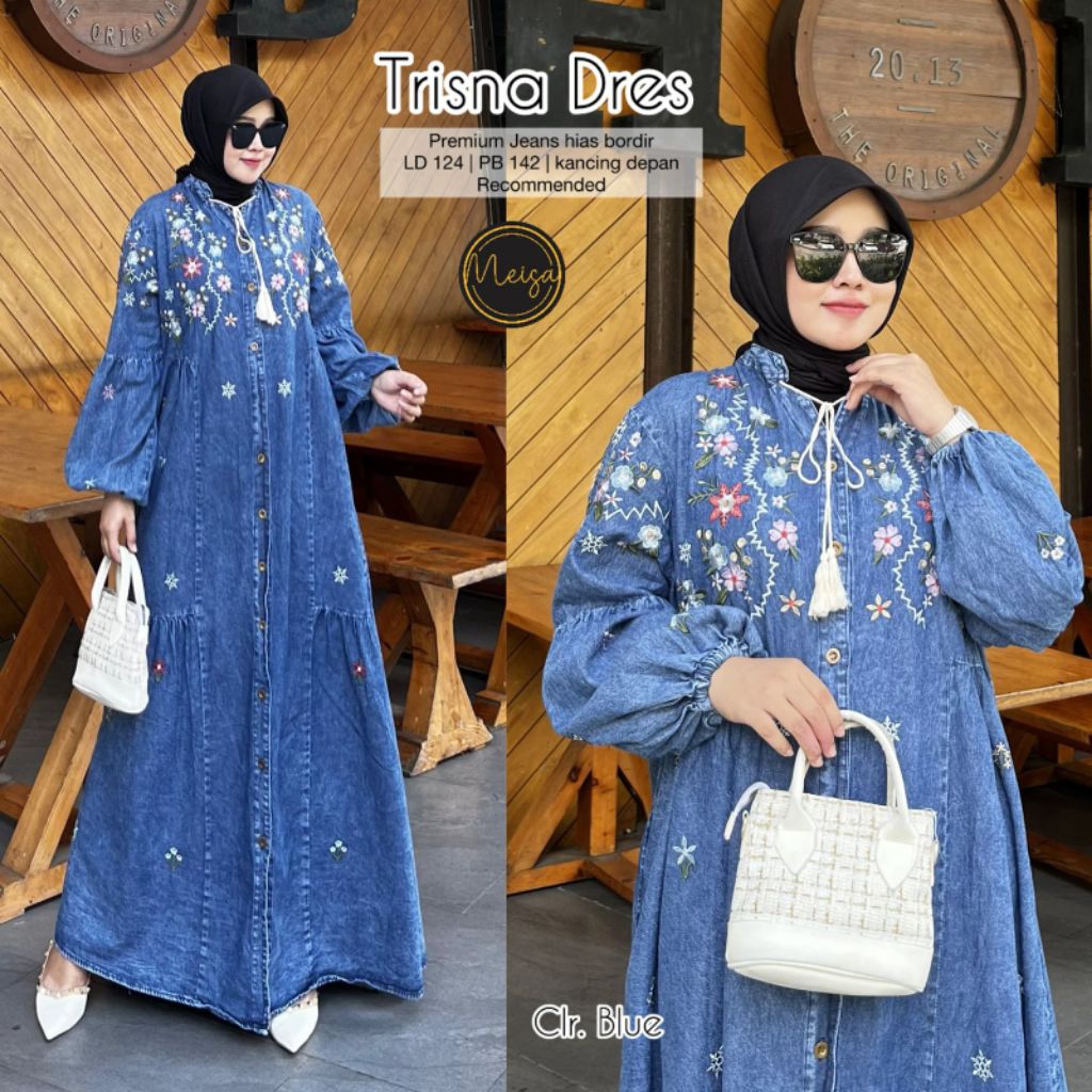 Dress gamis jeans bordir jumbo LD 120 & 140 cm
