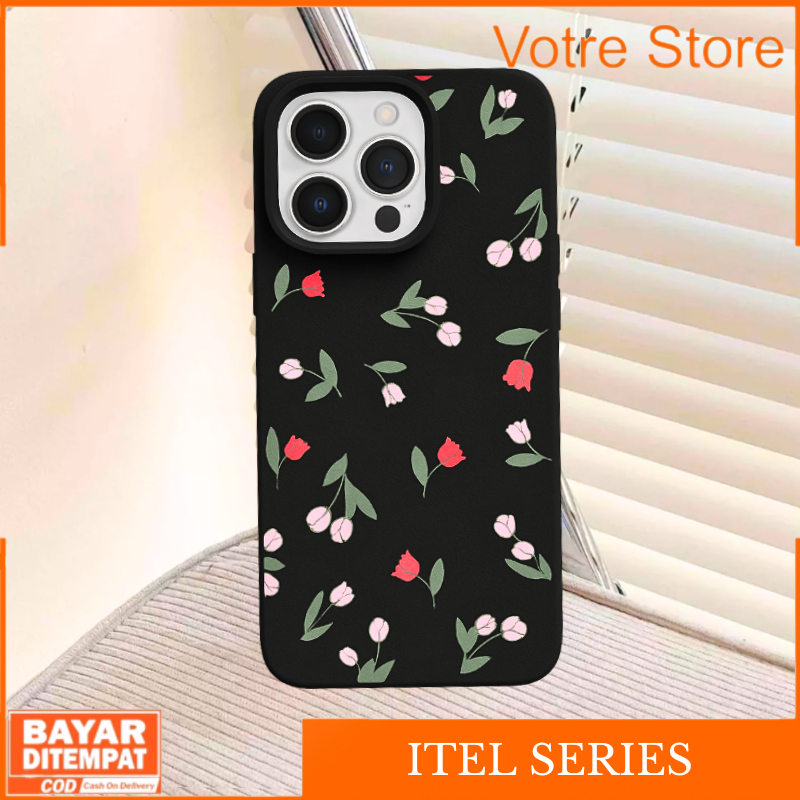 Case iTel P55 NFC A50 A70 Casing Softcase Silikone Floral Pattern Hitam Aesthetic