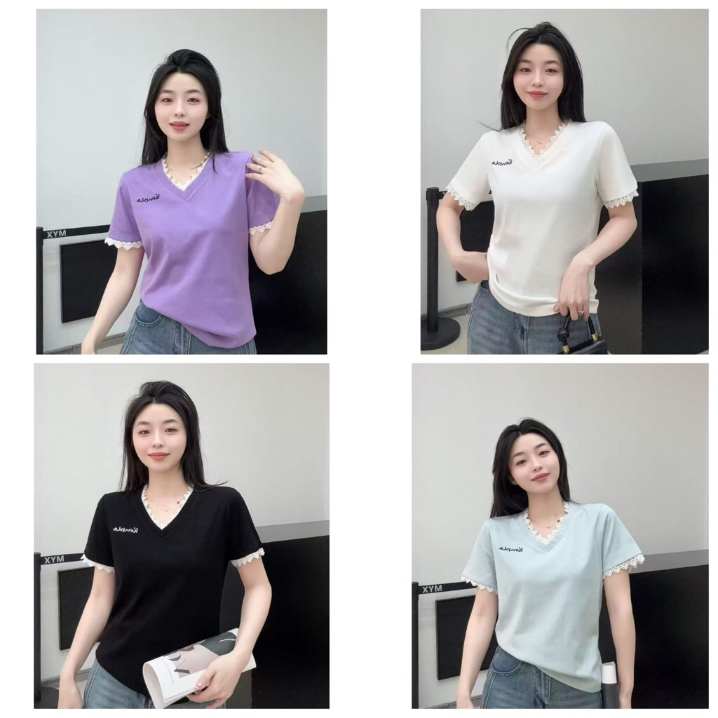 BILLENSHOP - KAOS WANITA IMPORT V-NECK BORDIR SIMPLE