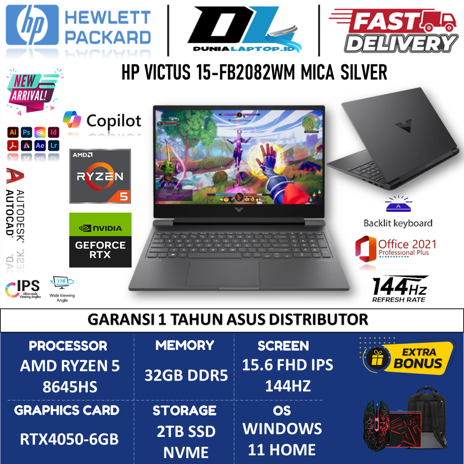 HP Victus 15 AMD Ryzen 5 8645HS 32GB DDR5 2TB RTX4050-6GB IPS 144HZ Win 11 Original