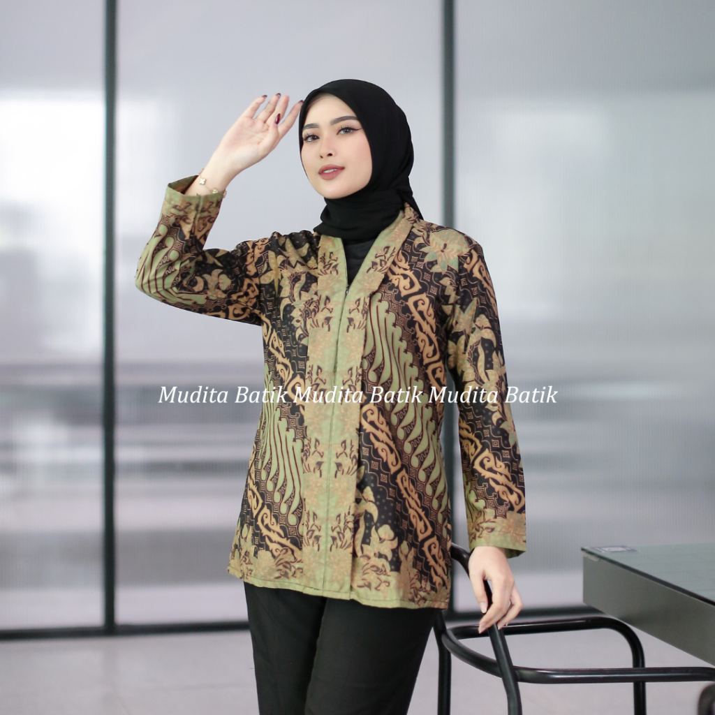 Batik Mudita Motif Miana Batik Wanita Modern Lengan Panjang Model Kutu Baru Warna Hijau Sage