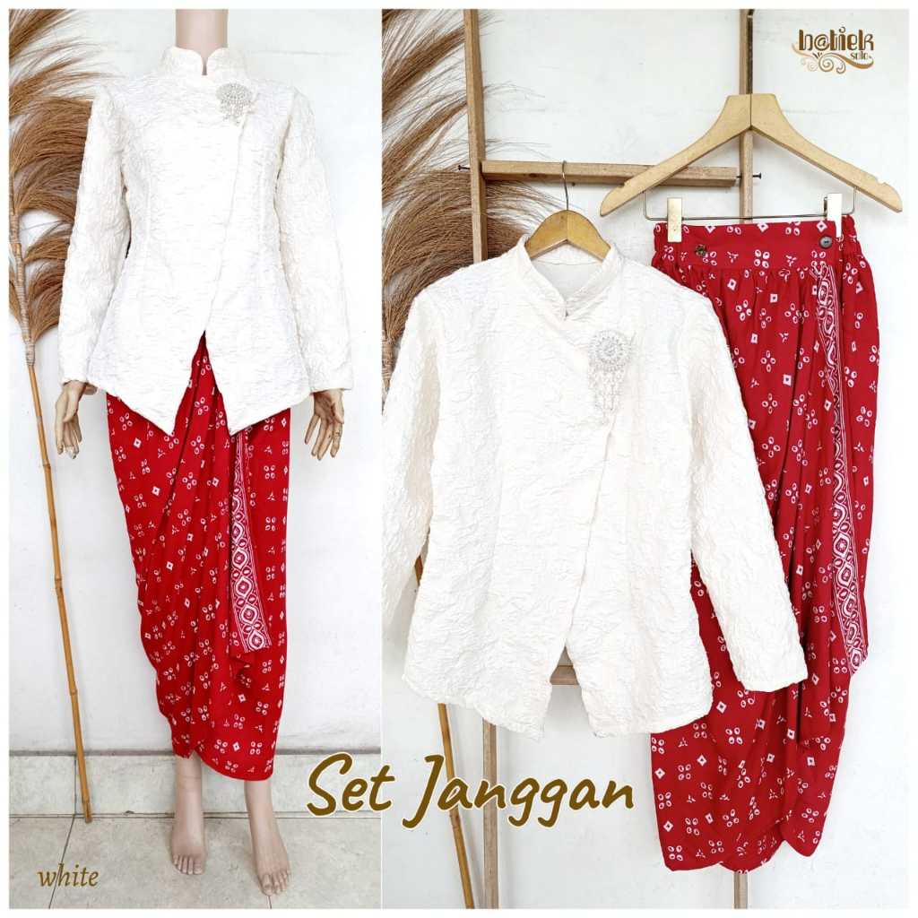 Set Janggan Setelan Kebaya Merah Putih Kemerdekaan Atasan Batik Wanita Kutubaru Janggan Rok Lilit Ra