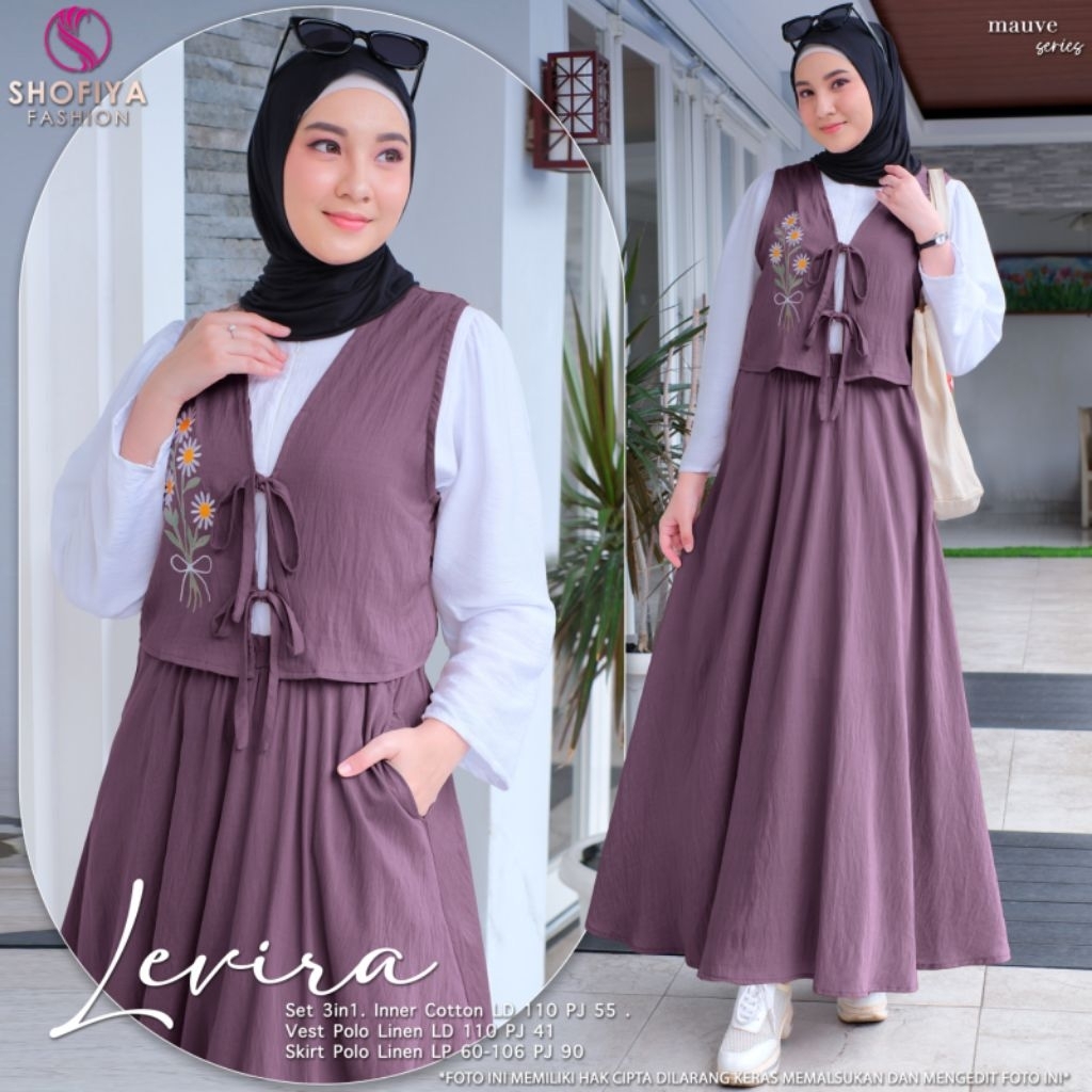 SETELAN WANITA MUSLIM KEKINIAN 3 in 1 ATASAN & ROK LEVIRA • DALIA ORIGINAL BY SHOFIYA