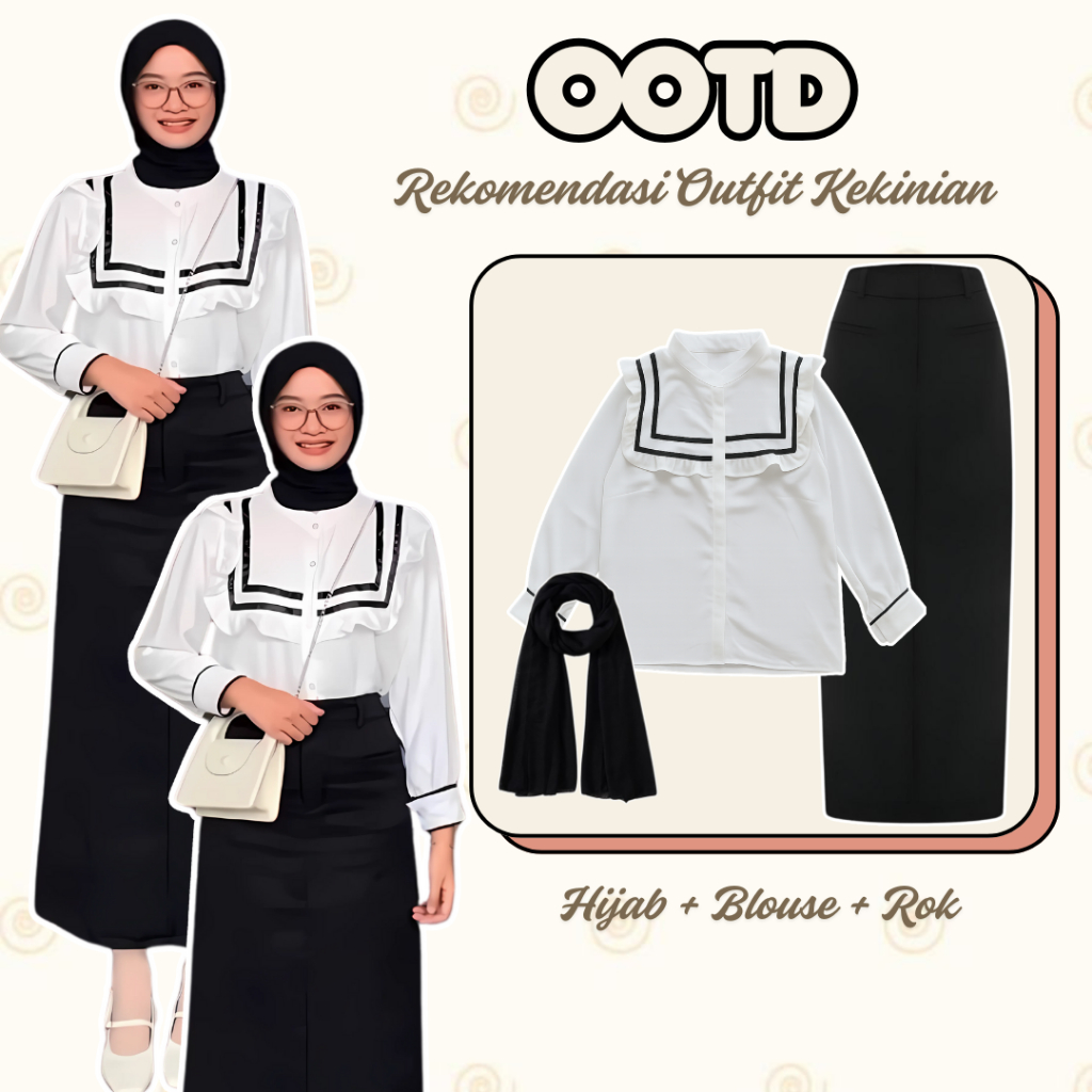 Set Rok Korean Style Hijab Outfit Kuliah Wanita ( Blouse Nonny + Hijab Segiempat + Rok Span ) L040