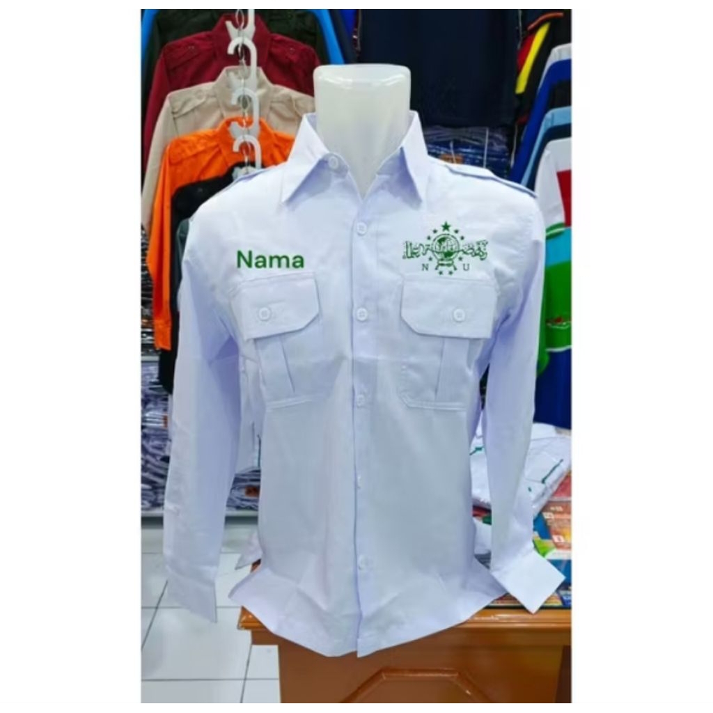 Kemeja nahdatul ulama NU bordir panjang putih kantong dua