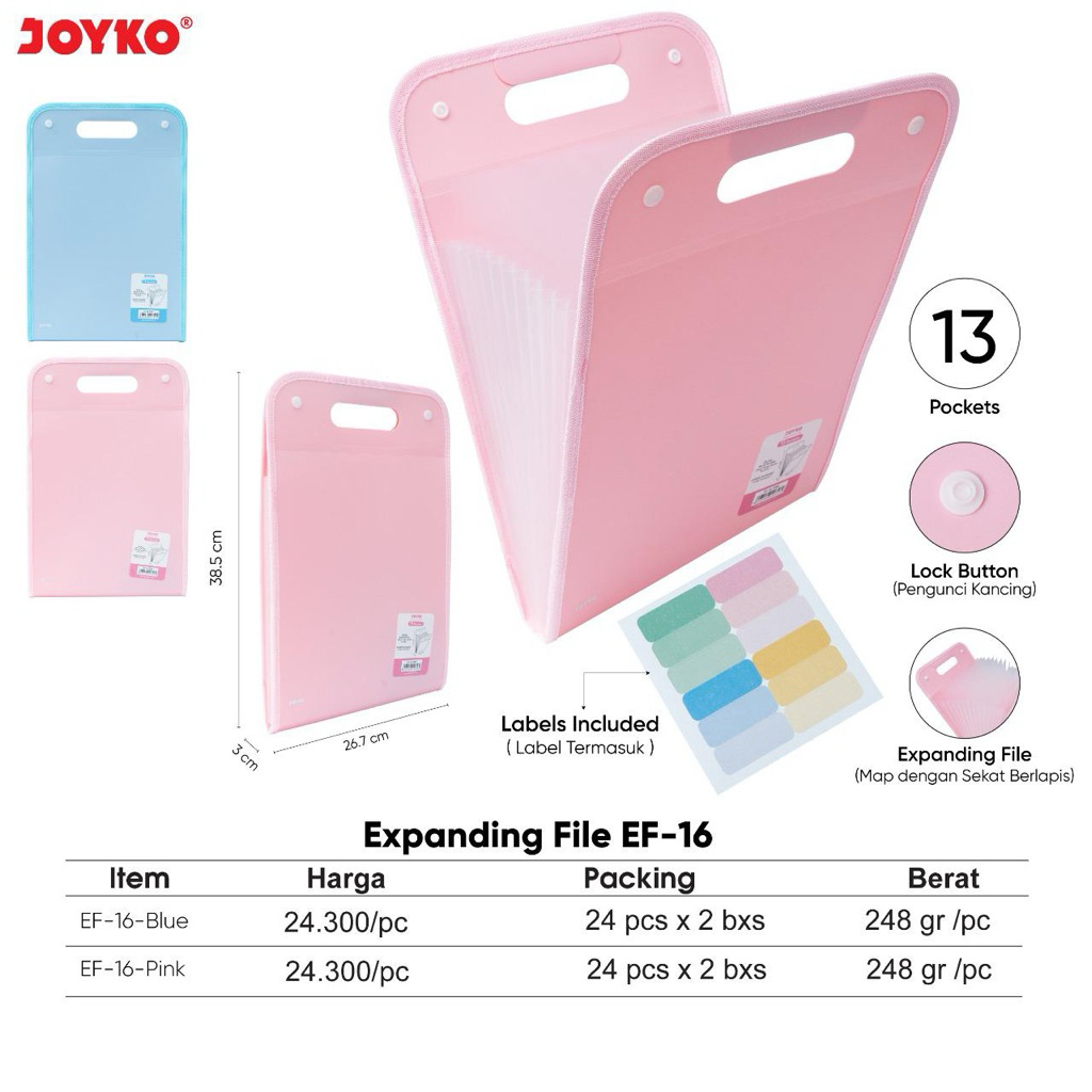 

EF-16 Map Sekat Berlapis 2 warna 13 Pocket / Expanding File 2 color / Organizer Kertas 13 Kantong / Folder ukuran nota 38,5 x 26,7 x 3 cm Joyko
