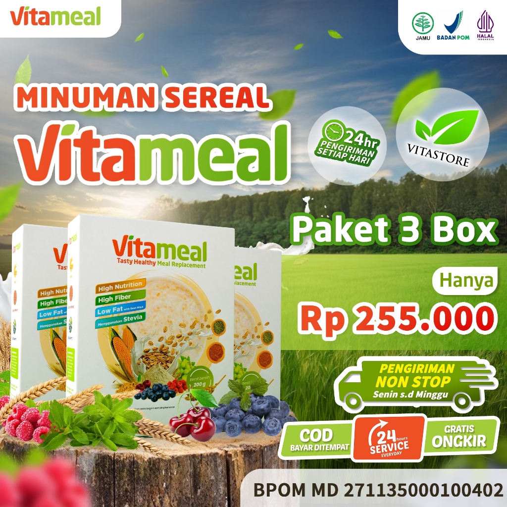 

VITAMEAL 3 BOX SARAPAN SEHAT Sereal Multigrain Sehat Bantu Cegah Diabetes Turunkan Kolesterol Ampuh 100% Original Tanpa Efek Samping