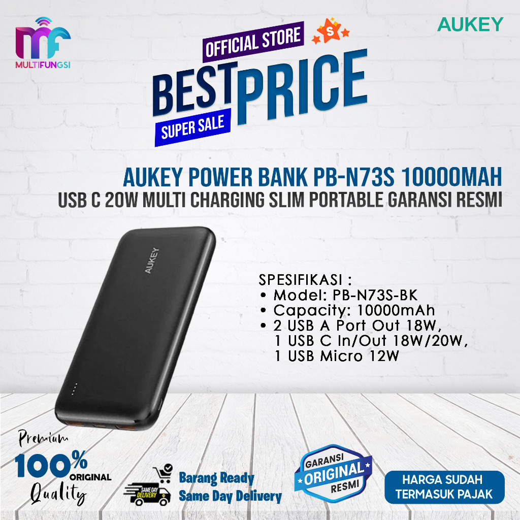 Aukey Power Bank PB-N73S 10000mah USB C 20W Multi Charging Slim Portable Garansi Resmi