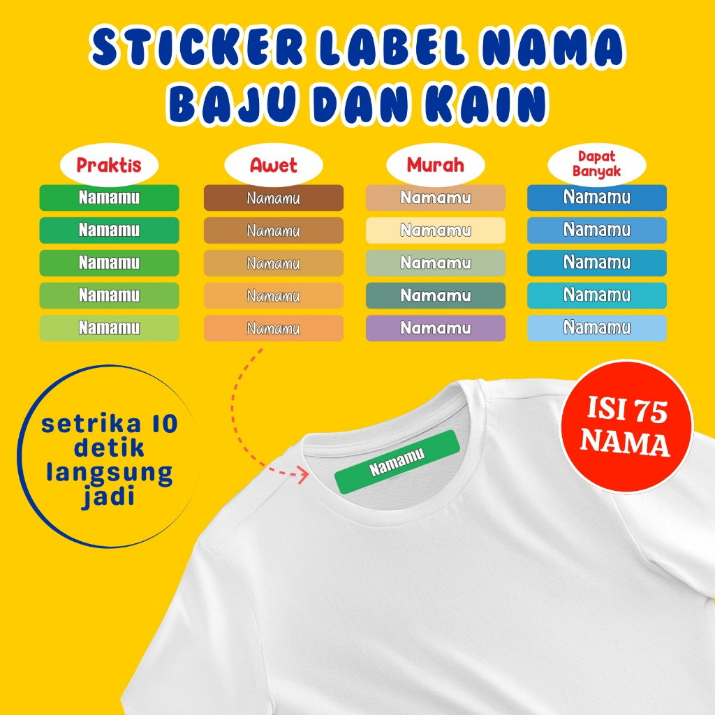 

Sticker Label Nama Kain Baju 75 Pcs Kaos Sablon Cukup Setrika Custom Tulisan DTF Sehari Jadi