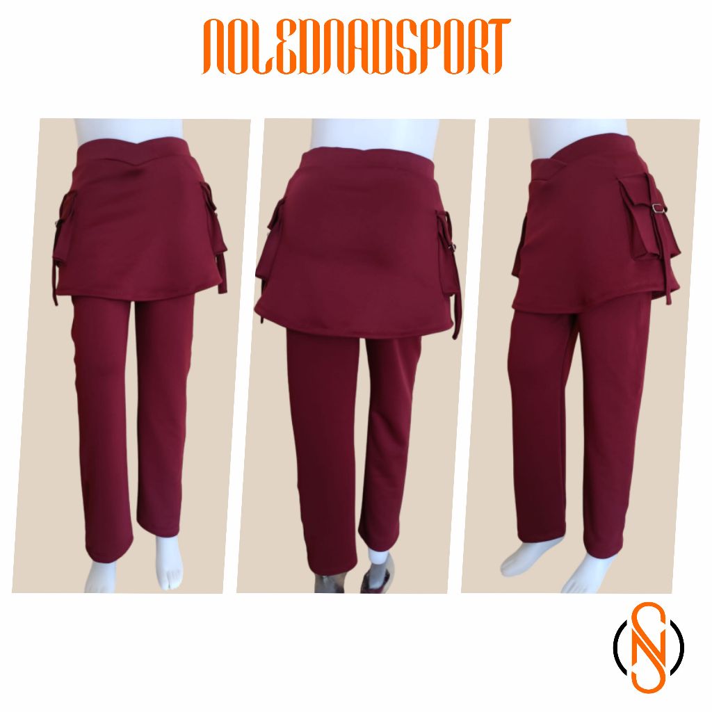 celana senam rok kantong wanita merah maroon