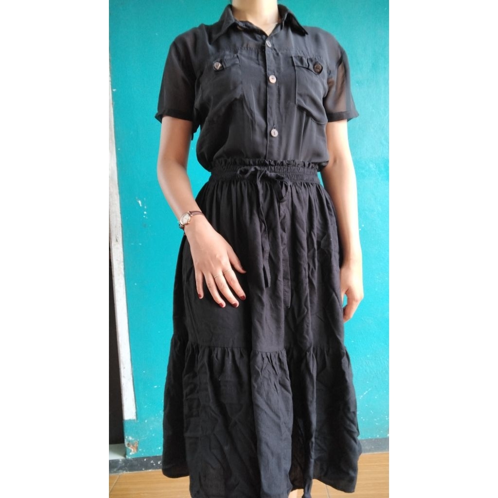 [BACA DESKRIPSI] PL Atasan Kemeja Wanita Lengan Pendek Sifon Tipis Hitam