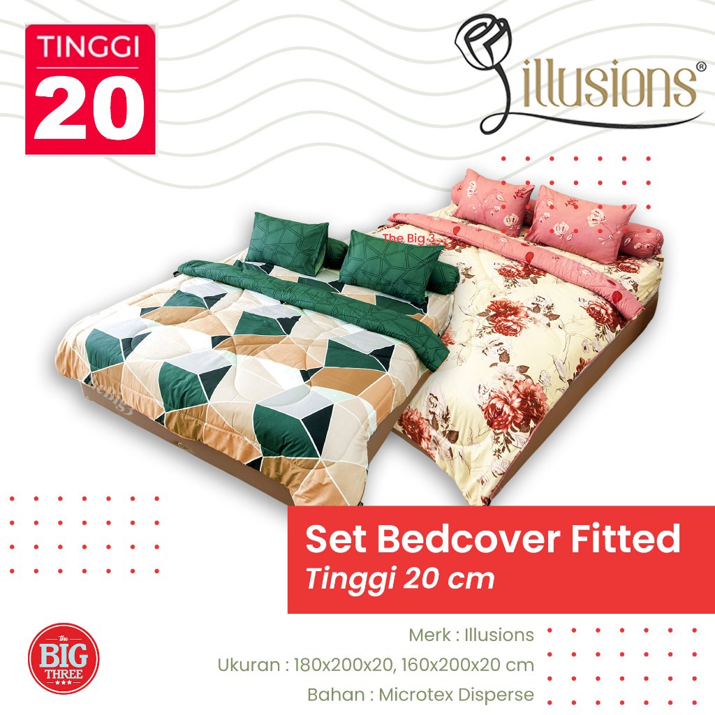 THEBIG3 Illusions Set Bedcover + Sprei 180x200 / 160x200 / Bedcover Saja Tinggi 20 cm Microtex