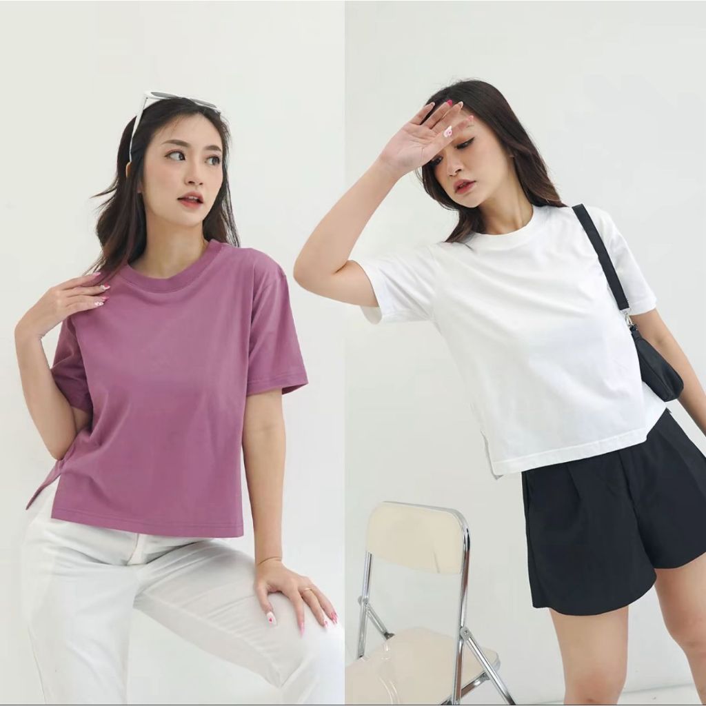 T Shirt Wanita Polos Oversize Wanita Side Slit Tangan Pendek Bahan Cotton Combad 24S Premium Baju At