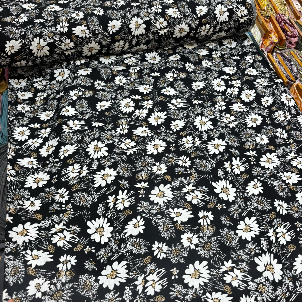 (50 CM) KATUN JEPANG MOTIF BUNGA HITAM PUTIH / MAJU TEXTILE