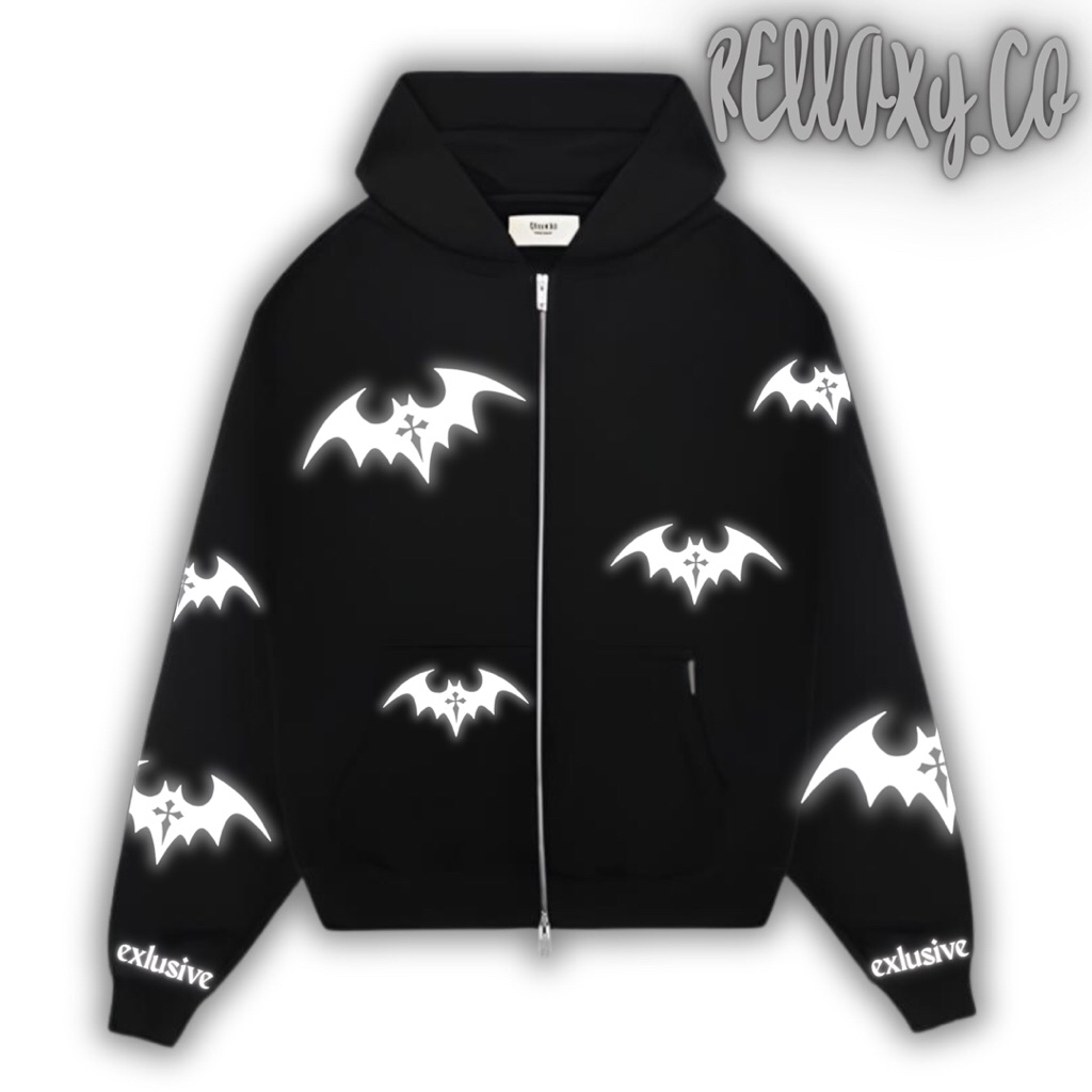 Hoodie Zipper Motif Kelalawar Cotton Fleece 300gsm Reflektif