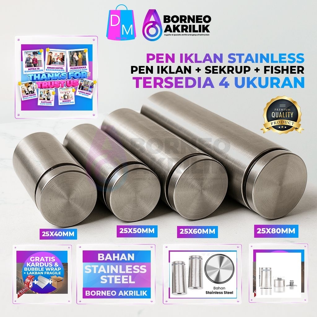

PEN IKLAN STAINLESS STEEL 25X40MM 25X50MM 25X60MM 25X80MM PEN IKLAN DEKORASI PERLENGKAPAN USAHA PERLENGKAPAN KANTOR ALAT TULIS KANTOR FISHER BAUT STAINLESS DILEMASHOP GROUP BORNEO AKRILIK