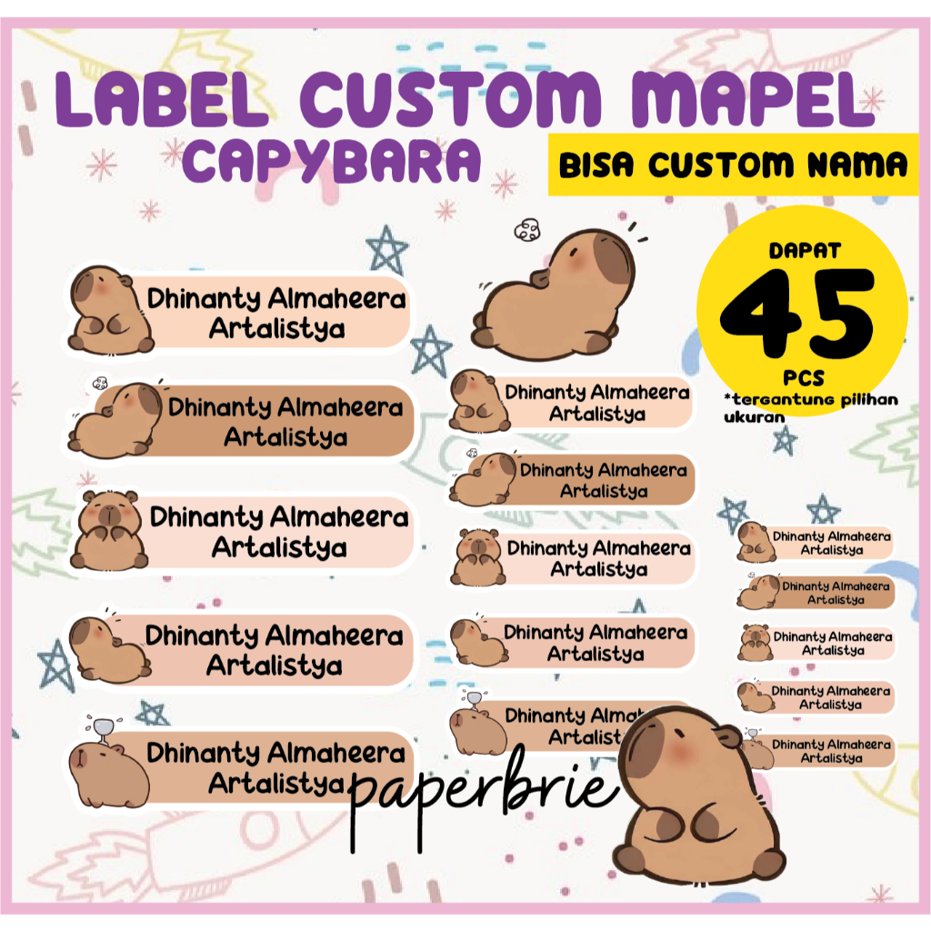 

Ay00! Stiker Label Nama Custom CAPYBARA Sticker Buku & Pensil Anak Motif Kartun Lucu