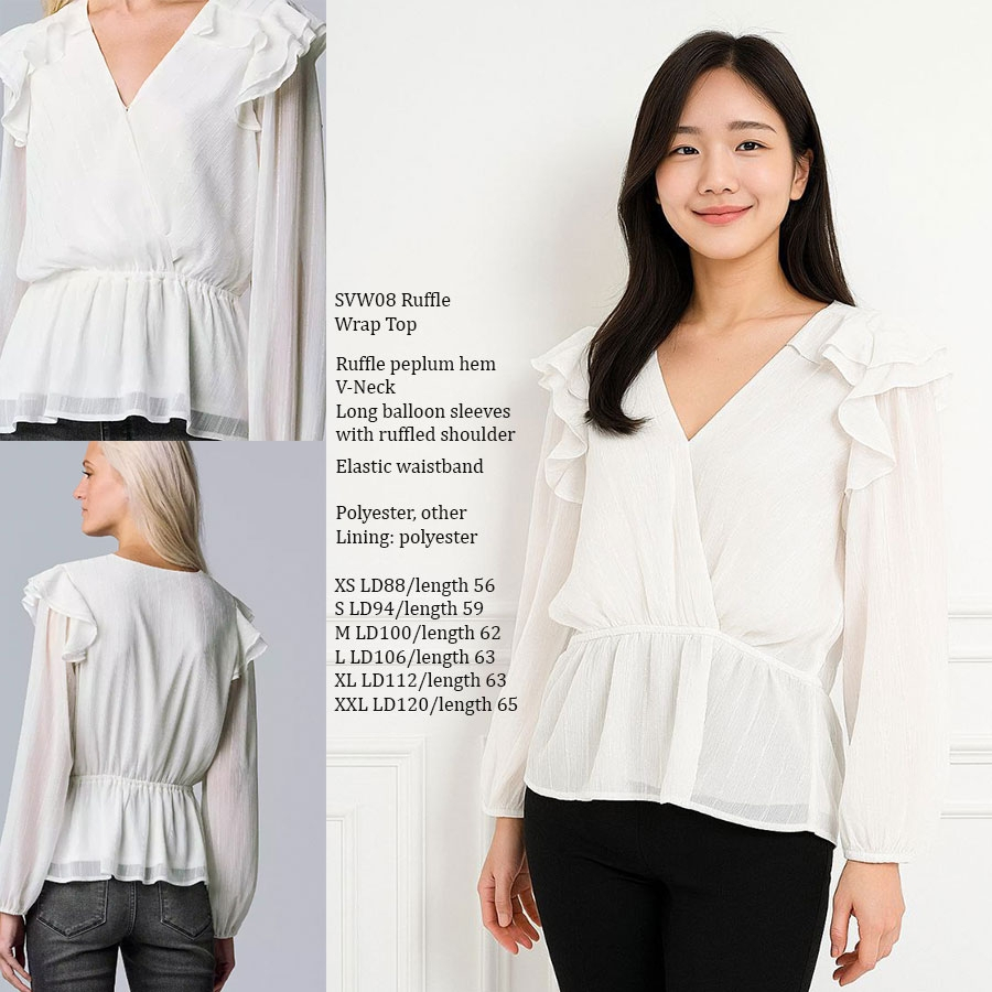 SVW08 RUFFLE WRAP TOP Blouse lengan panjang putih