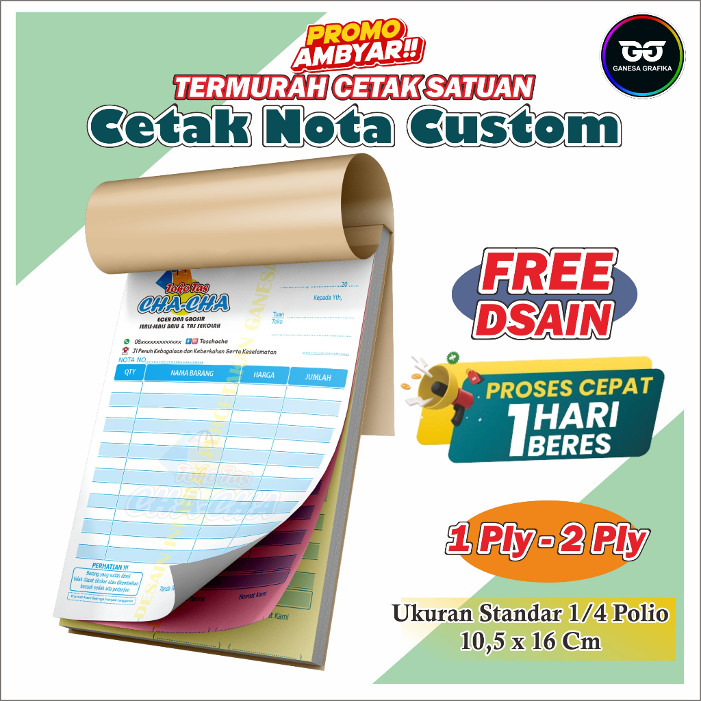 

CETAK NOTA CUSTOM NAMA TOKO SENDIRI UKURAN ¼ POLIO 10 x 16 CM nota 2 ply murah GANESA GRAFIKA