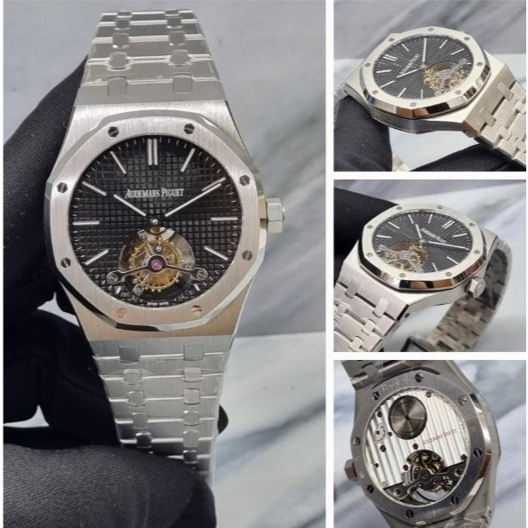 JAM TANGAN AUPIGE ROYAL OAK INSPIRED BLACK WAFFLE DIAL 41MM FLYING TOURBILLON SILVER CHAIN EXTRA THI