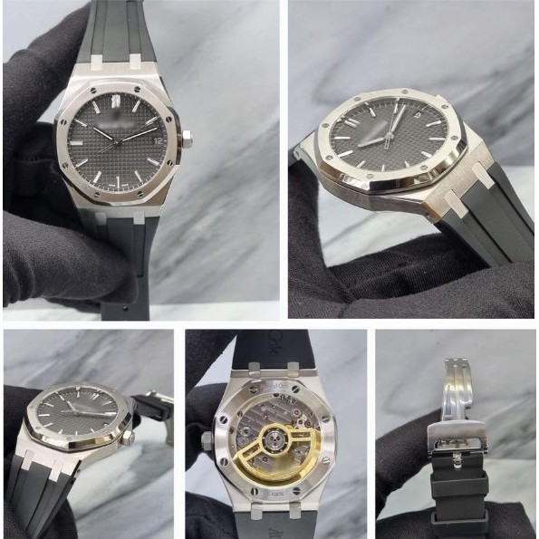 JAM TANGAN AUPIGE ROYAL OAK INSPIRED GREY WAFFLE DIAL 41MM RUBBER SUPER THIN ZF AP THIN BLACK DIAL A