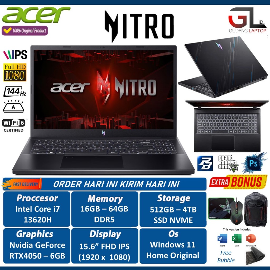 Laptop Gaming Acer Nitro V 15 ANV15-51 Intel i7 13620H / 64GB 4TB SSD / RTX4050-6GB FHD IPS 144Hz