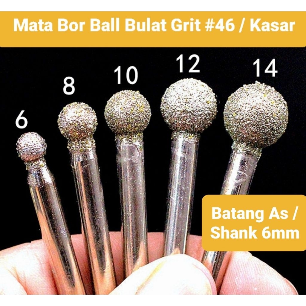 Set 4pcs Mata Bor ball Kasar coarse grit mesh #46 Batang As 6mm grafir tuner ukir pahat cuner batu g