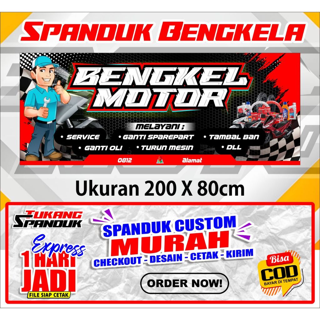 Banner BENGKEL, Spanduk BENGKEL, ukuran 200x80 cm, COD / Banner BENGKEL, Spanduk BENGKEL, ukuran 200