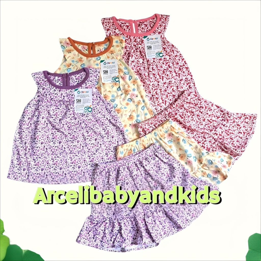 CAINITO 3pcs Setelan Bayi Lengan Pendek Rample kerah Bulat motif Bunga usia 0-12 Bulan size S M L SN