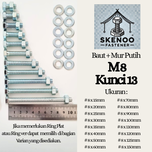 (10 pcs) Baut Mur Putih, Ukuran M8 Kunci 13, Warna Stainless, Bahan Galvanis Anti Karat, Harga Murah