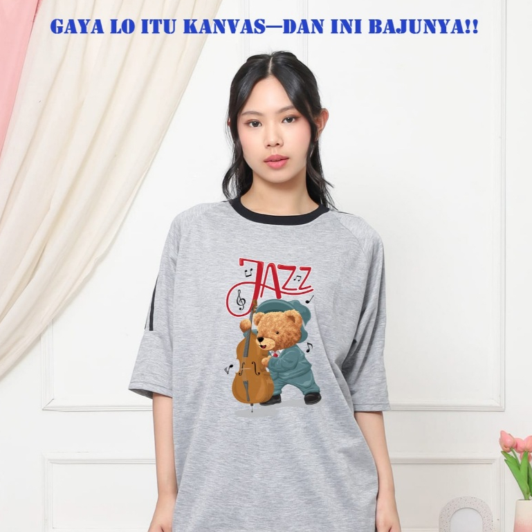 Baju Kaos Desain Teddy Bear Music Jazz Oversize Wanita Pria Lengan Gantung Bahan Lembut Katun Kaos