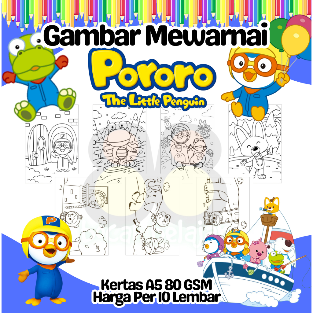 

10 Lembar Kertas Gambar Mewarnai Ukuran A5 Tema PORORO THE LITTLE PENGUIN Termurah - Anak Anak TK SD PAUD Remaja