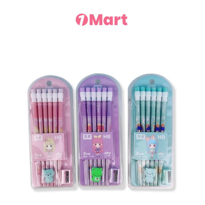 

1MART Set Pensil HB Karakter kartun dengan Penghapus dan Rautan