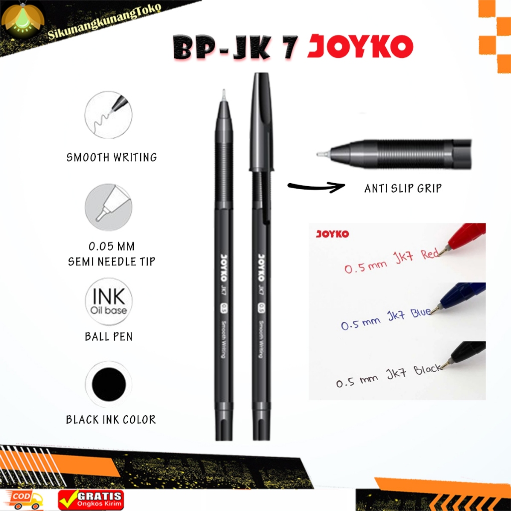 

(skn) Pulpen Pena Joyko JK-7 0.5 mm 1 PCS bulpoin anti slip grip semi needle tip ball pen tinta hitam