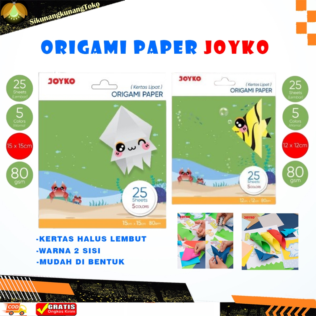 

(skn) Joyko Origami Paper Kertas Lipat Polos Warna Warni Isi 25 Lembar 2 Sisi Paper Besar Sedang Kecil