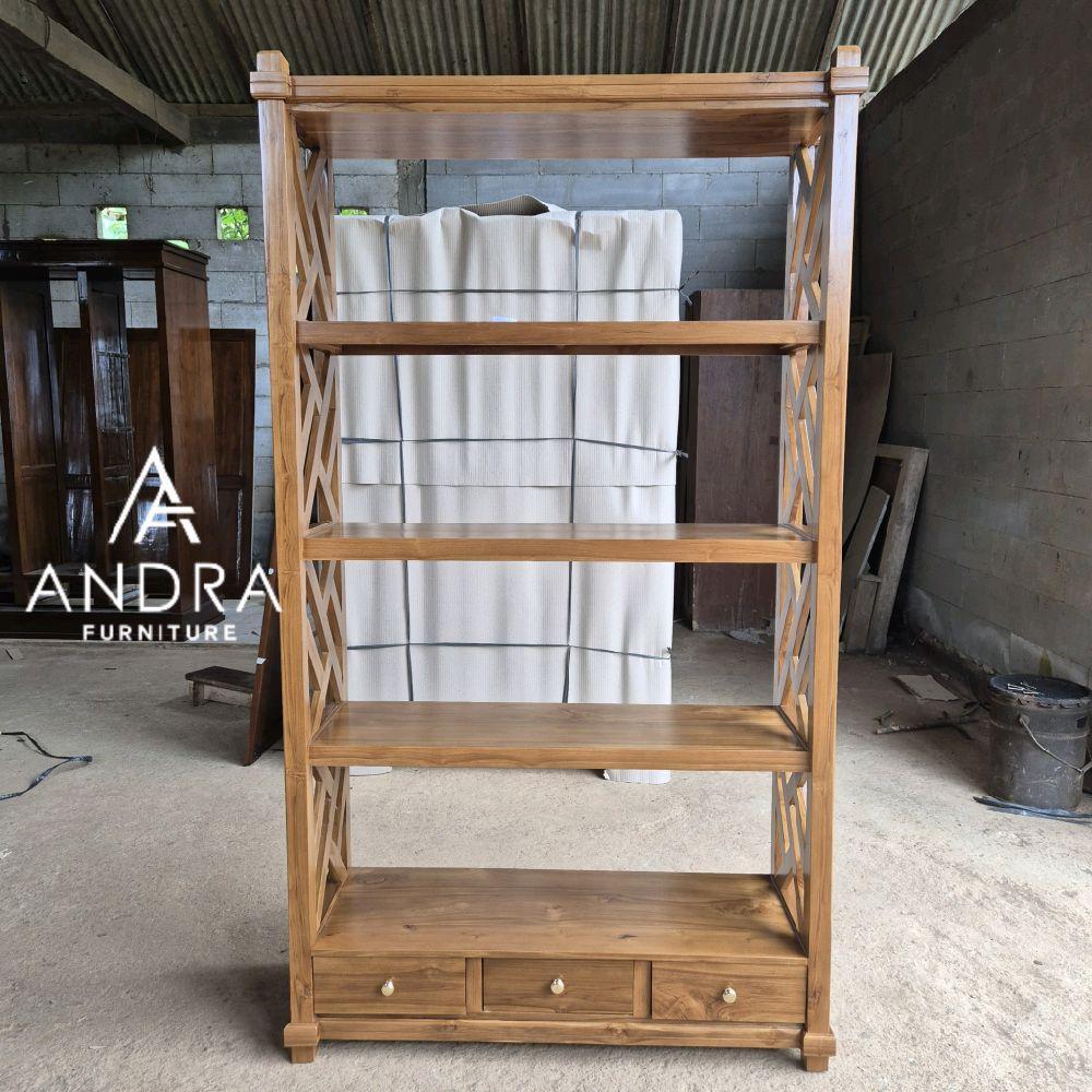 rak buku minimalis kayu jati 3 laci, rak buku perpustakaan kayu jati Lemari