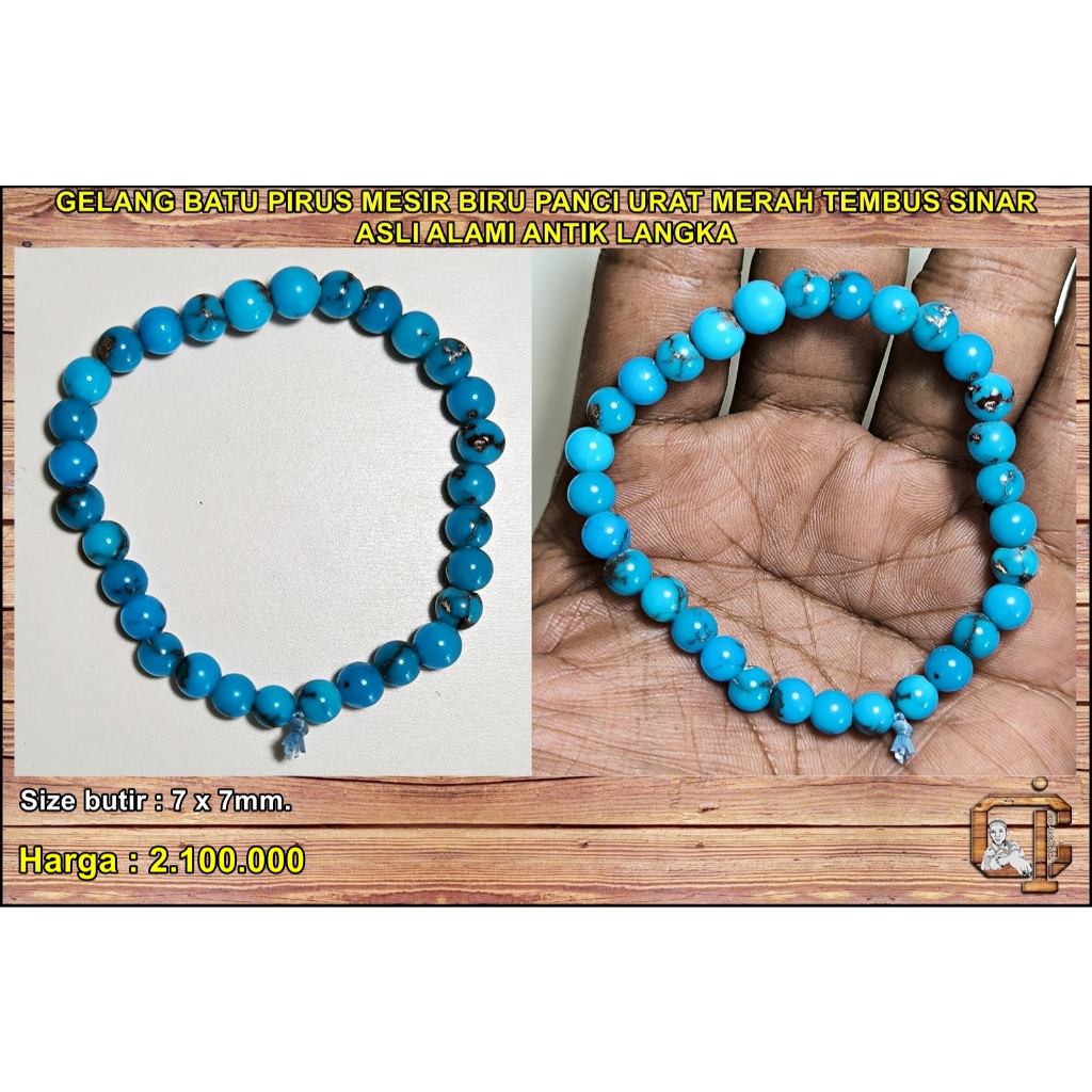 Gelang batu pirus mesir biru panci urat merah tembus sinar asli alami antik langka.