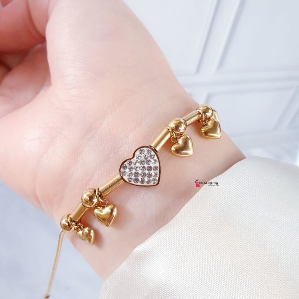 Gelang Tangan Rantai Modern Titanium Love Permata Putih Gold Perhiasan Wanita N23062504