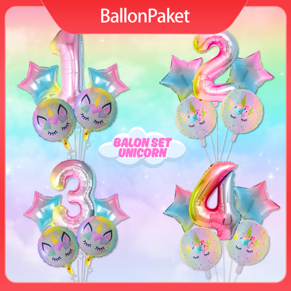 Balon Paket Angka Unicorn isi 5Pcs Balon Angka Jumbo Unicorn Gradasi Pelangi Dekorasi Ulang Tahun An
