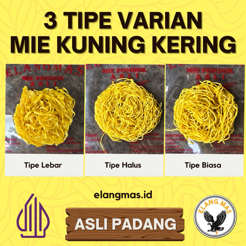 

Mie Kuning Kering 3 Varian Asli Padang Merek Elang Mas