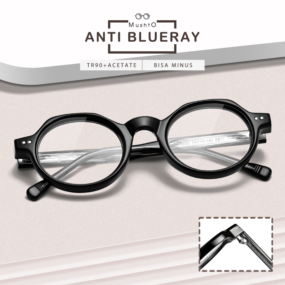 Mushto Kacamata Antiradiasi Style Oval Fashionable Wanita TR90+Acetate Frame Ringan Bisa Minus 8207